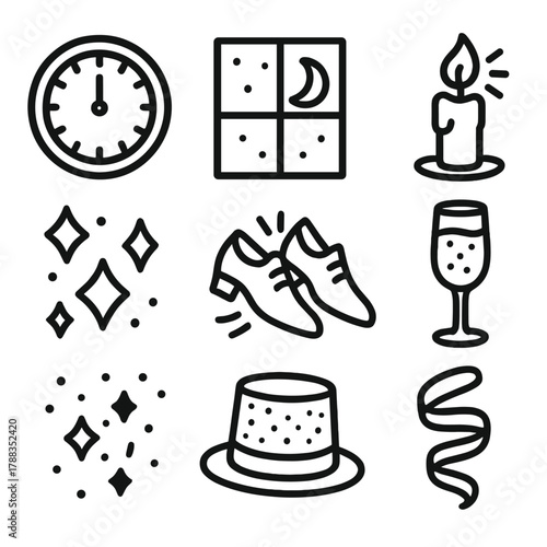 Midnight Celebration Icons. Festive Midnight Mood linear icon set: clock face at twelve, moonlight through window, candlelight glow, bubbly champagne, silver confetti, dancing