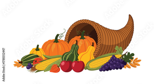 A bountiful cornucopia, also known as a horn of plenty, overflowing with colorful autumn harvest produce and foliage, isolated on white.