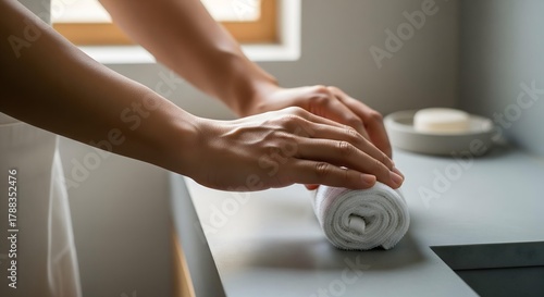 Fototapeta Naklejka Na Ścianę i Meble -  Detailed shot of human hands expertly rolling a clean, soft white towel on a sleek countertop, symbolizing preparation, hygiene, and the comfort of a well-maintained space