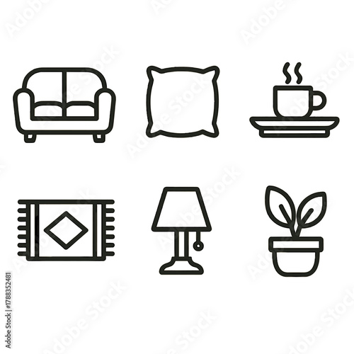 Cozy Lounge Icons. Warm Lounge Icons linear icon set: loveseat, pillow, tray with cup, rug, lamp, plant pot.