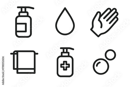 Hand Hygiene Icons. Hand Hygiene Care linear icon set: soap dispenser, droplet, hand icon, towel, sanitizer bottle, bubble.