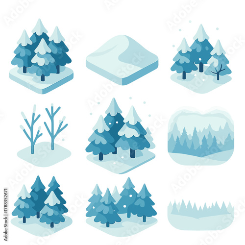 Winter Forest Icons. Serene Snow Forest modern flat icons set: clustered pines, gentle slopes, snow-dusted canopy, frozen twigs, light snowfall, quiet woods, cold air haze, distant