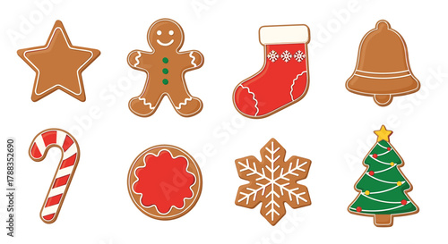 A delightful collection of eight classic gingerbread cookies, beautifully decorated with icing in various festive shapes, perfect for the holiday season.