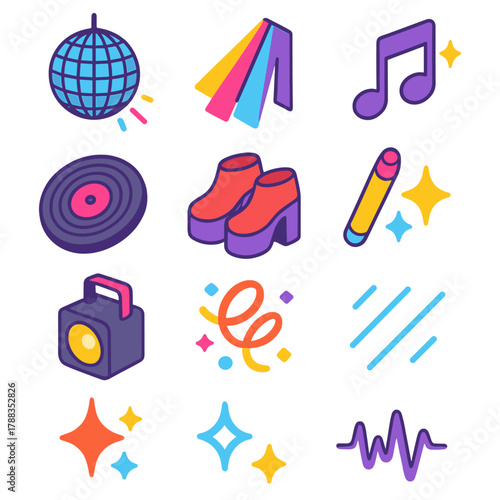 Retro Disco Icons. Studio 70s Vibes modern flat icons set: mirrored disco ball, colorful rays, music note, light spark, record, platform shoes, confetti swirl, glow stick, stage