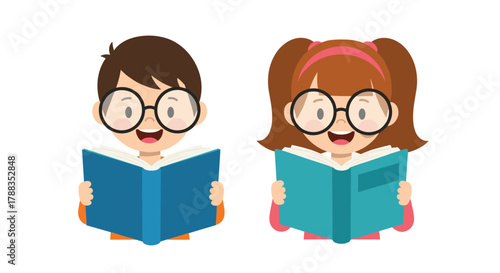 A cheerful young boy and girl, both wearing glasses, are happily reading books, showcasing a love for learning and education.