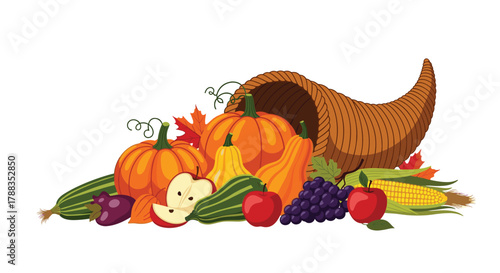 A colorful illustration of a bountiful autumn harvest, featuring a cornucopia overflowing with seasonal produce like pumpkins, gourds, fruits, and vegetables.