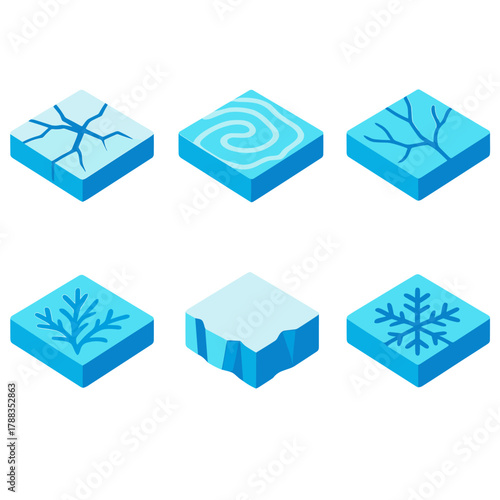 Isometric Arctic Icon Set. Arctic Texture Details modern flat icons set: cracked ice, frozen ripple, icy vein, frost pattern, glacial edge, snow crystal.