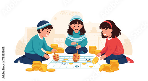 Three happy children celebrating Hanukkah by playing a traditional dreidel game with chocolate gelt coins on the floor.