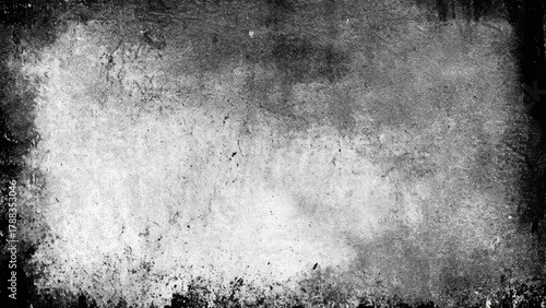 Monochrome distressed grunge texture overlay with aged film grain effect and borders. illustration.
