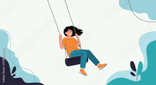 A happy young woman with dark hair joyfully swings on a tire swing, set against a vibrant, abstract natural background.