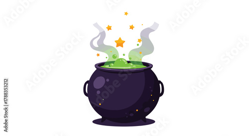 A magical black witch's cauldron bubbles with a vibrant green potion, emitting smoke and golden stars.