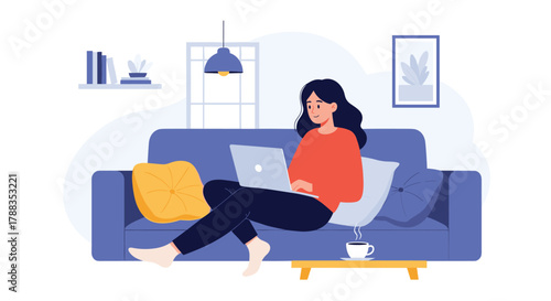 Woman working remotely from home on her laptop, sitting comfortably on a sofa with a cup of coffee, enjoying a cozy and relaxed environment.