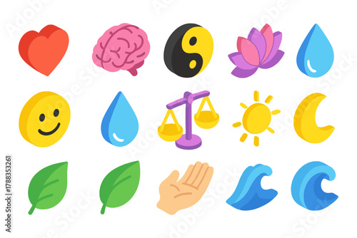 Isometric Emotion Icons. Emotional Balance Icons modern flat icons set: heart, brain, yin yang, lotus flower, smile face, tear drop, balance scale, sun, moon, leaf, open hand, wave