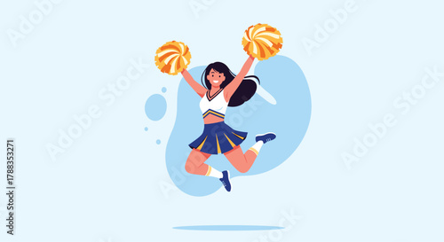 A cheerful female cheerleader in a white and blue uniform joyfully jumps with golden pom-poms against a light blue background.
