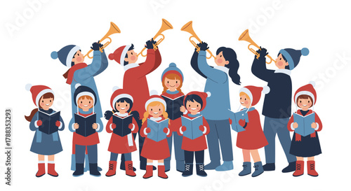 A festive group of children and adults wearing winter hats and scarves, singing carols and playing trumpets together for a Christmas concert.