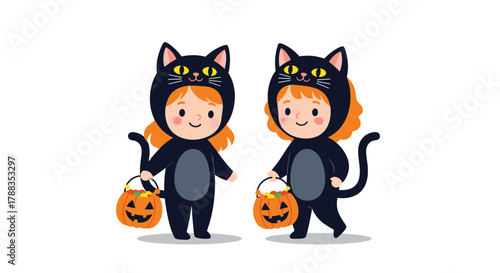 Two adorable cartoon girls dressed in black cat costumes celebrating Halloween and trick-or-treating with pumpkin candy buckets.