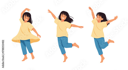 A happy young Asian girl expresses joy and freedom through playful dancing and jumping poses against a white background.
