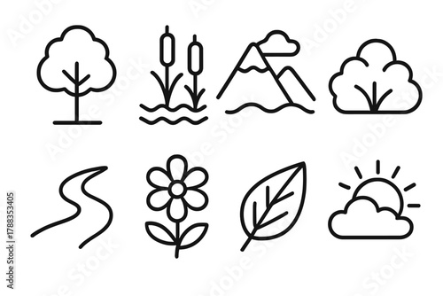 Nature Icon Collection. Nature Habitat linear icon set: tree, wetland, mountain, bush, river, flower, leaf, sky.
