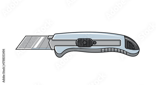 Simple graphic illustration of a modern light blue and grey retractable utility knife with its sharp, segmented blade extended for various cutting tasks.