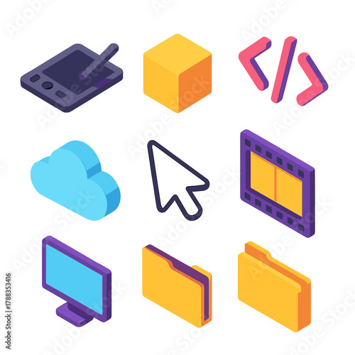 Digital Creativity Icons. Digital Creativity modern flat icons set: graphic tablet, 3D cube, code brackets, animation frame, cloud, cursor, monitor, file folder.