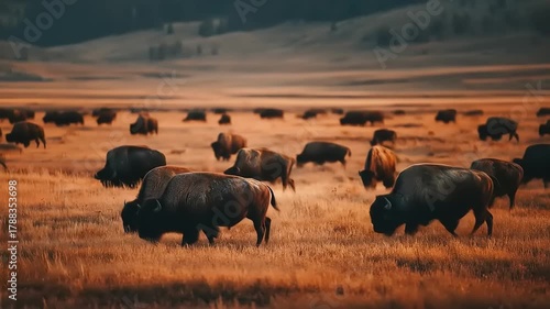 Wallpaper Mural Herd of bison grazing in golden field under warm sunset lighting Torontodigital.ca