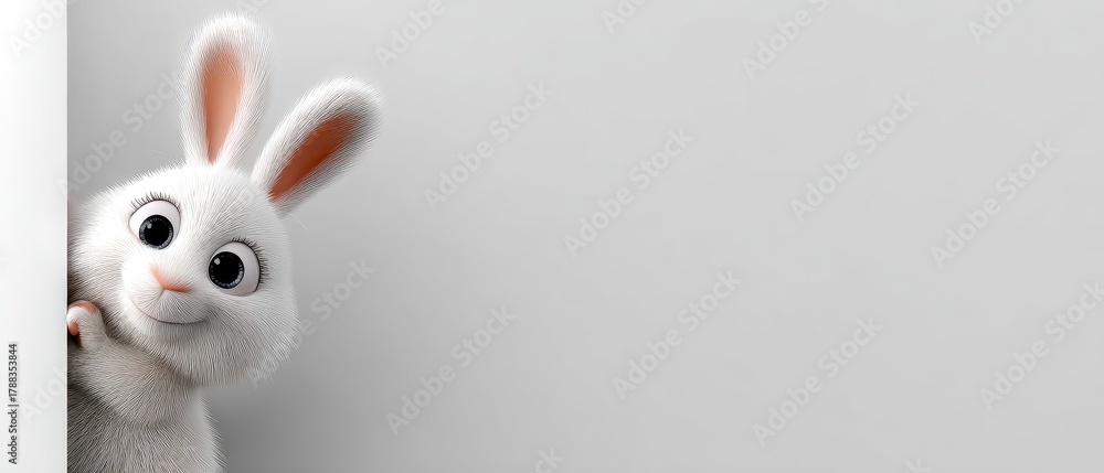 Obraz premium Cute white cartoon rabbit peeking around a corner in a cheerful setting with a soft, smooth background during daylight