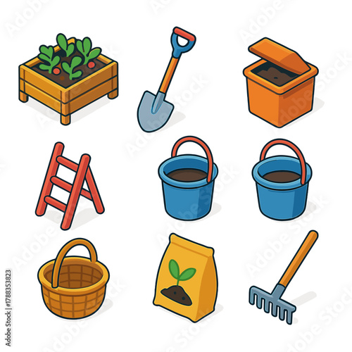 Rooftop Farming Icons. Rooftop Farming modern flat icons set: planter box, shovel, compost bin, bucket, ladder, basket, soil bag, rake.