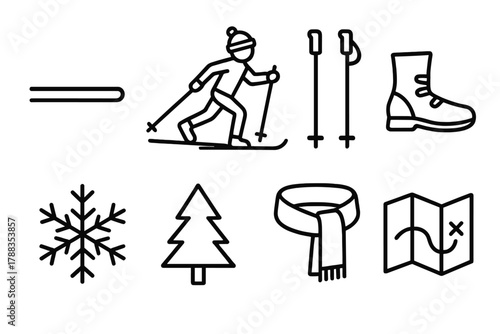 Skiing Icon Set. Cross-Country Skiing linear icon set: flat trail, skier, poles, boots, snowflake, tree, scarf, map.