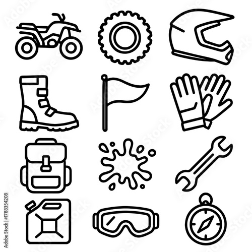Quad Bike Equipment Icons. Quad Bike Icons linear icon set: ATV, tire, helmet, gloves, boot, flag, mud splash, wrench, backpack, gas can, goggles, compass.