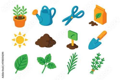 Herb Gardening Icons. Homegrown Herbs Icons modern flat icons set: potted herbs, watering can, scissors, seed packet, sun, soil, plant marker, trowel, basil leaf, mint sprig,