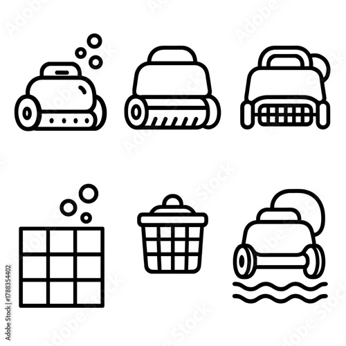 Pool Cleaning Icons. Pool Maintenance Robots linear icon set: underwater cleaner, bubbles, pool tiles, filter, cable, water wave.