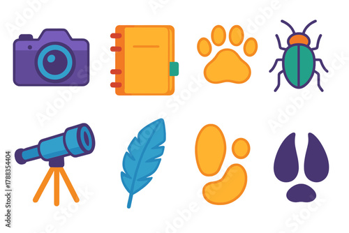 Wildlife Icon Set. Wildlife Discovery modern flat icons set: camera, notebook, paw print, insect, telescope, feather, footprint, animal track.