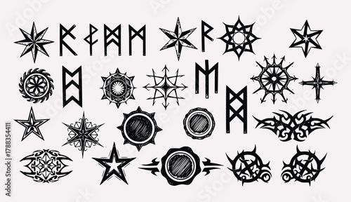 Tribal Tattoo Symbol Pack – Compass Stars, Runic Shields, Geometric Motifs & Symmetrical Ink in Black on Gray