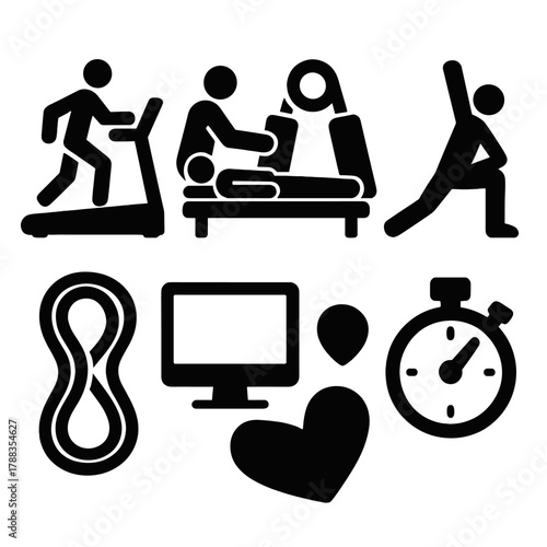 Rehabilitation Icons Set. Rehabilitation Support silhouette icon set: treadmill, physiotherapy icon, hand grip, stretching figure, band, monitor, heart icon, stopwatch.