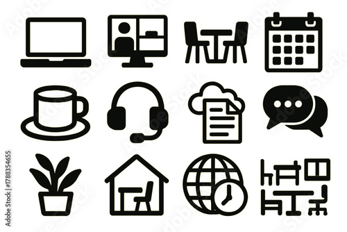 Brutalist Workplace Icons. Hybrid Workplace silhouette icon set: laptop, video call screen, coworking desk, digital calendar, coffee cup, wireless headset, cloud document, team