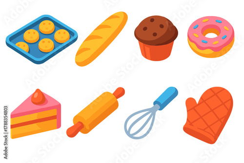 Bakery Icon Collection. Bakery Corner modern flat icons set: pastry tray, baguette, muffin, donut, cake slice, rolling pin, whisk, oven mitt.