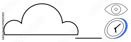 Cloud with eye and clock conceptually linking data storage, monitoring, time management, digital connectivity, and technology. Ideal for cloud services, security, efficiency and innovation. Minimal