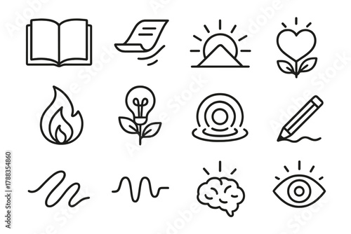 Creative Icon Harmony. Inspiration Flow linear icon set: open notebook, flying paper, sunrise over mountain, creative flame, growing idea plant, ripple circle, glowing heart,