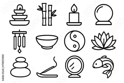 Feng Shui Elements. Feng Shui Elements linear icon set: water fountain, bamboo plant, candle flame, crystal sphere, wind chime, wooden bowl, yin-yang symbol, lotus flower, stone
