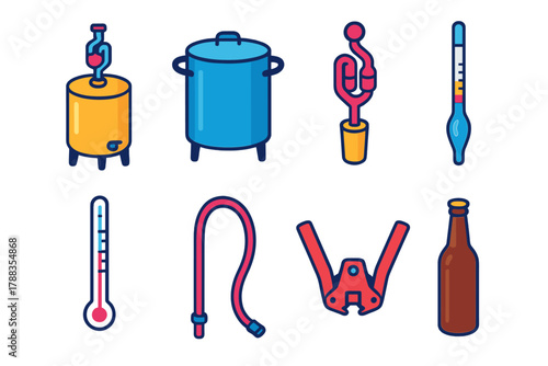 Home Brewing Tools. Home Brewing Equipment modern flat icons set: fermenter, brewing kettle, airlock, hydrometer, thermometer, siphon tube, bottle capper, beer bottle.