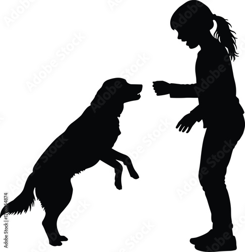 Silhouette of girl training her dog to stand, outdoor friendship, pet obedience, playful bonding, animal love, childhood happiness moment