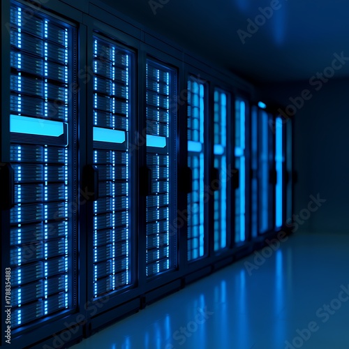 Server room with glowing blue lights reflecting on the floor