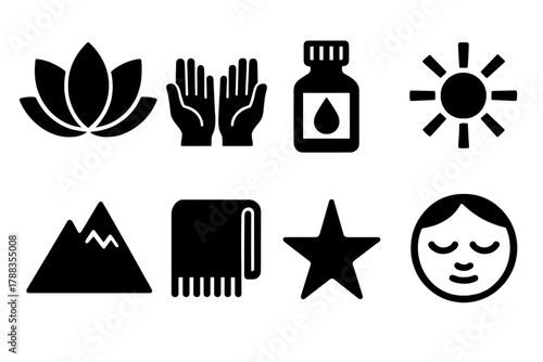 Holistic Icon Set. Holistic Renewal silhouette icon set: lotus flower, hands, essential oil, sun, mountain, blanket, star, calm face.