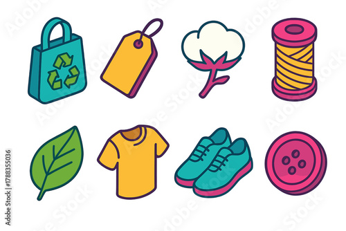 Sustainable Fashion Icons. Conscious Apparel modern flat icons set: recycled bag, label tag, cotton plant, thread spool, leaf, shirt, shoes, button.