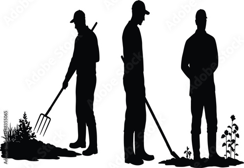 Farmer silhouettes working in garden, people planting and growing plants, agriculture concept, black vector illustration for farming and gardening design