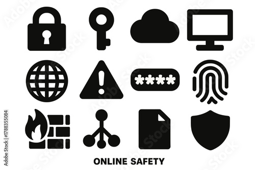 Brutalist Online Safety Icons. Online Safety Icons silhouette icon set: lock, keyhole, cloud, computer, globe, alert, password, fingerprint, firewall, network, file, shield.