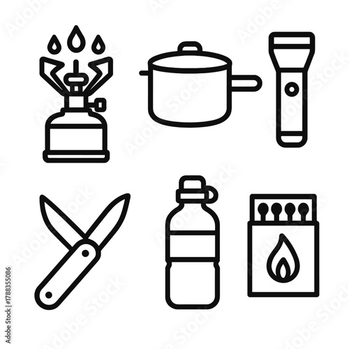 Minimal Camping Icons. Minimal Camping Gear linear icon set: stove, pot, flashlight, knife, bottle, matchbox.