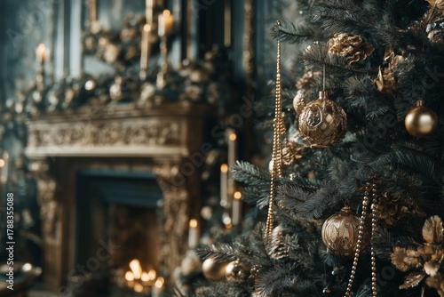 Elegant Christmas Tree Adorned With Golden Ornaments and a Cozy Fireplace in ...