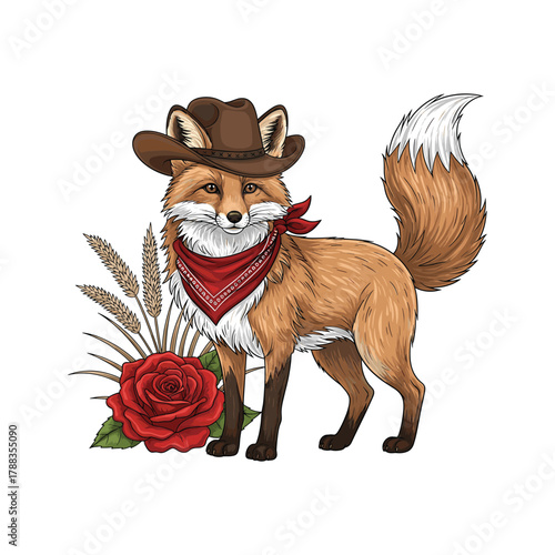 Fox in Cowboy Hat and Bandana with Wheat and Rose animal autumn