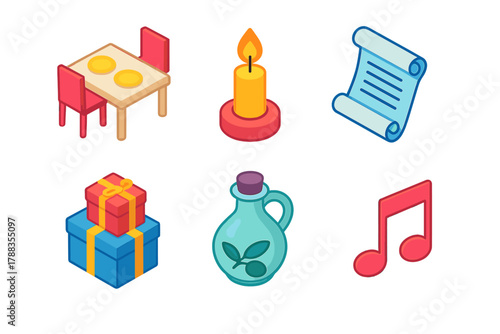 Modern Family Traditions Icons. Family Traditions modern flat icons set: dining table, candlelight, blessings scroll, gifts, olive oil jar, music notes.
